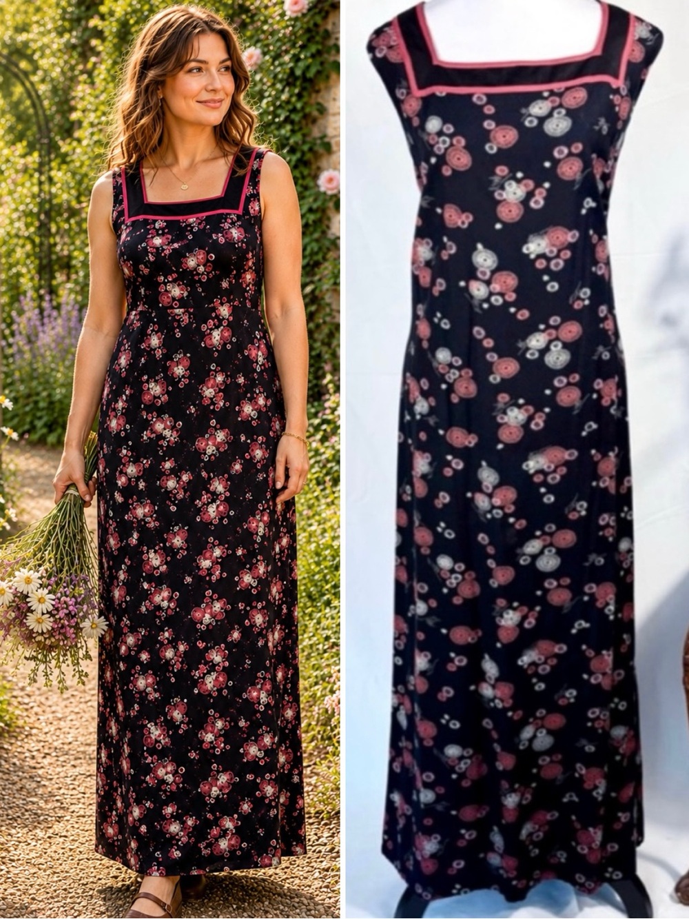 VntgSarah Elizabeth Cottagecore Floral Maxi Dress Square Neck Black Pink 18💛